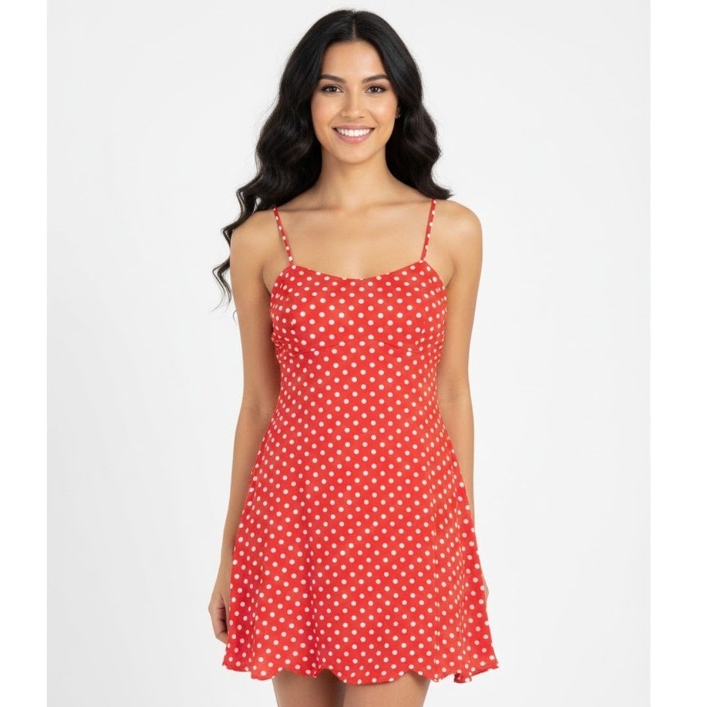 VTG Red White‎ Polka Dot Scalloped Hem Nightie Spaghetti Straps Women's Y2K XS